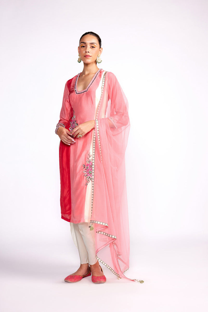 Flamingo Pink Color Block Kurta Set