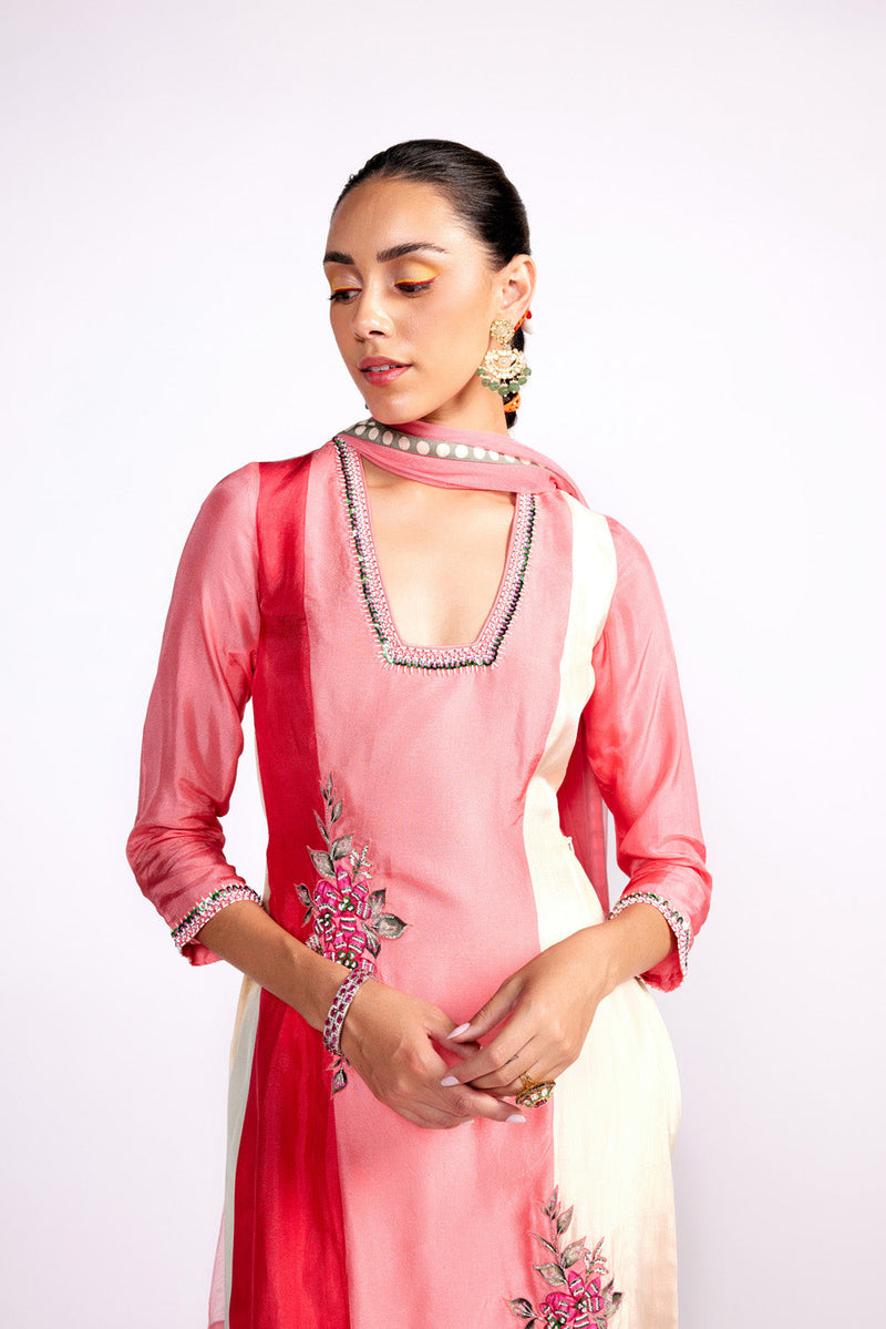 Flamingo Pink Color Block Kurta Set