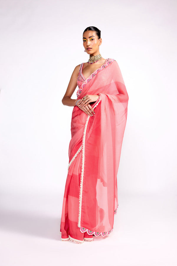 Pink Color Block Color Block Saree