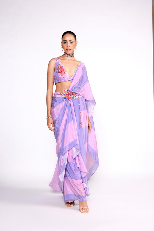 Lilac Color Block Embroidrerd Drape Saree