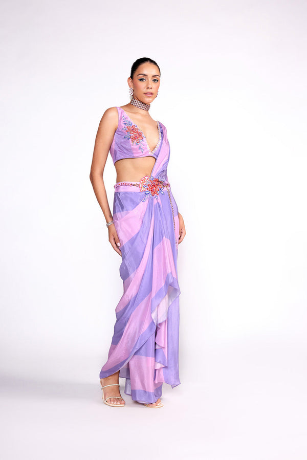 Lilac Color Block Embroidrerd Drape Saree