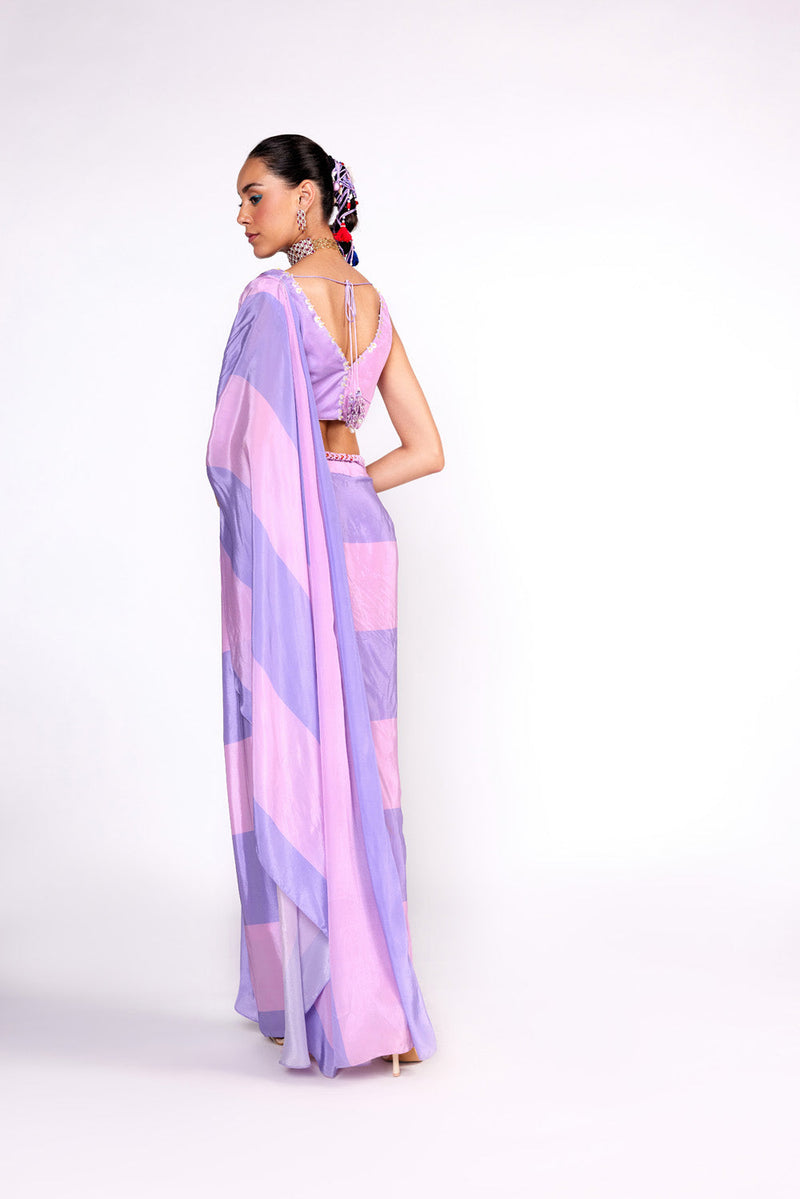 Lilac Color Block Embroidrerd Drape Saree