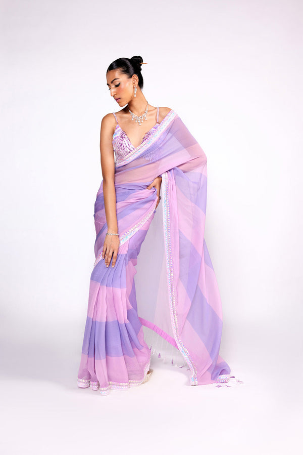 Lilac Color Block Embroidered Organza Saree Set