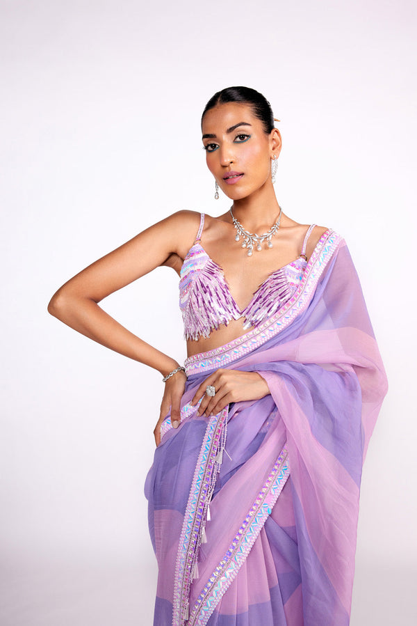 Lilac Color Block Embroidered Organza Saree Set