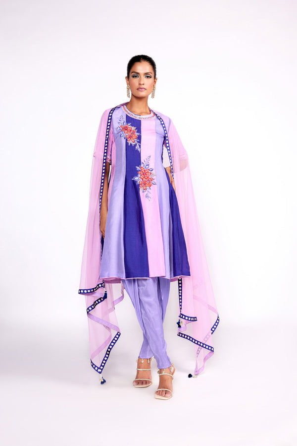 Lilac Color Block Anarkali Kurta Set