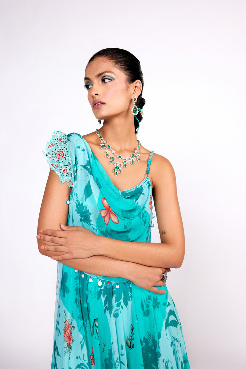 Aqua Green Embroidered Drape Jumpsuit