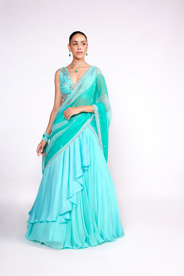 Aqua Green Embroidered Lehenga Saree Set