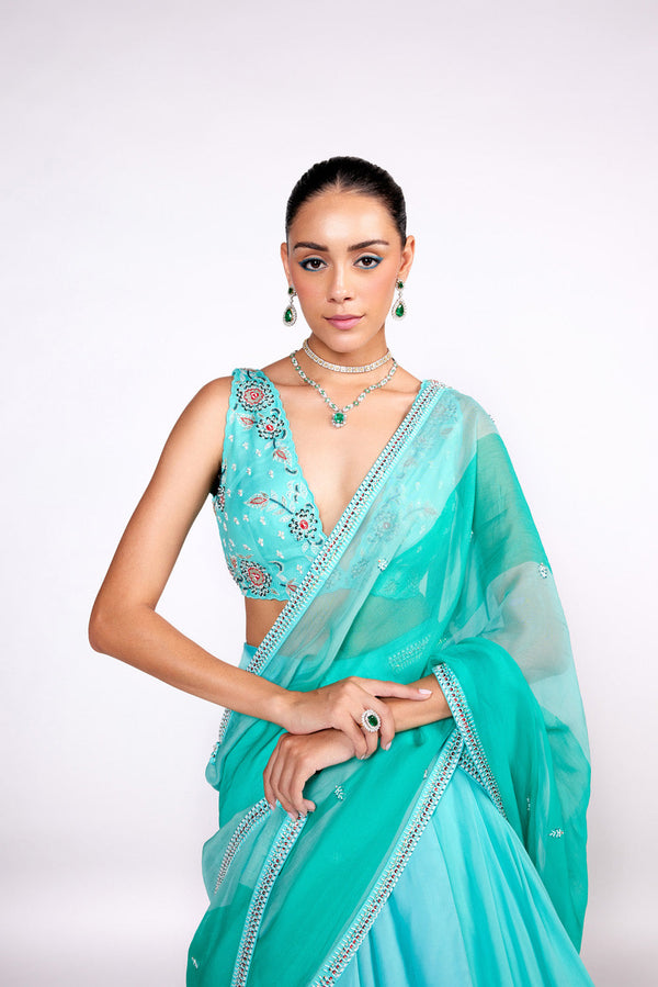 Aqua Green Embroidered Lehenga Saree Set