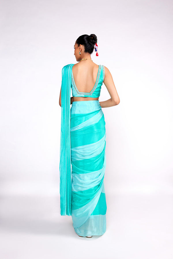 Aqua Green Color Block Drape Saree