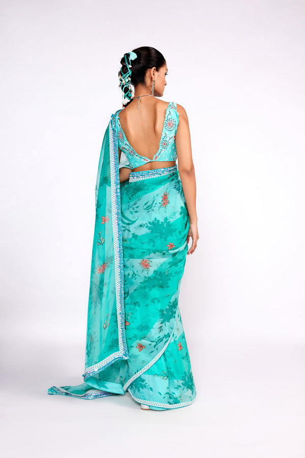 Aqua Green Embroidered Saree Set