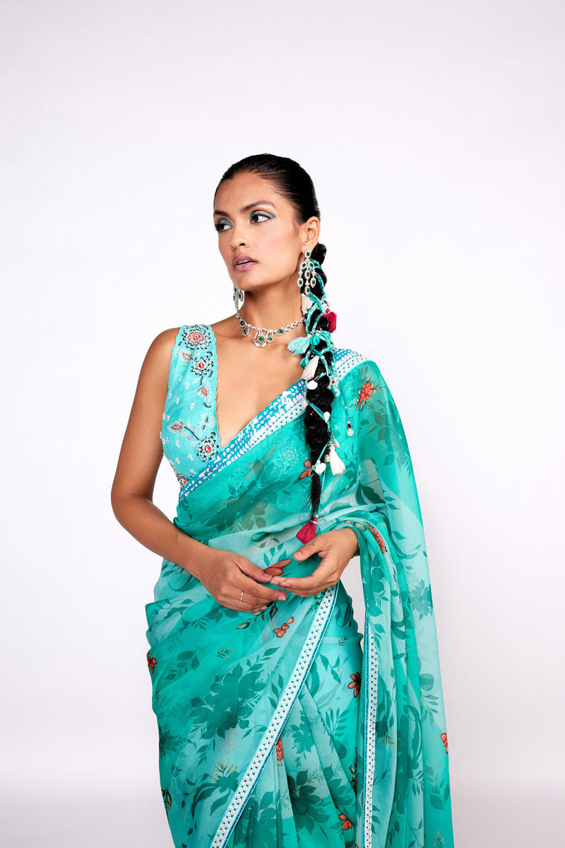 Aqua Green Embroidered Saree Set