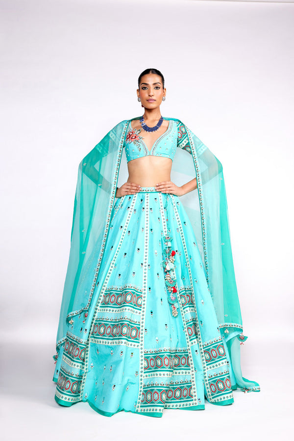 Aqua Green Embroidered Silk Lehenga Set