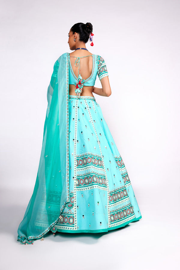 Aqua Green Embroidered Silk Lehenga Set