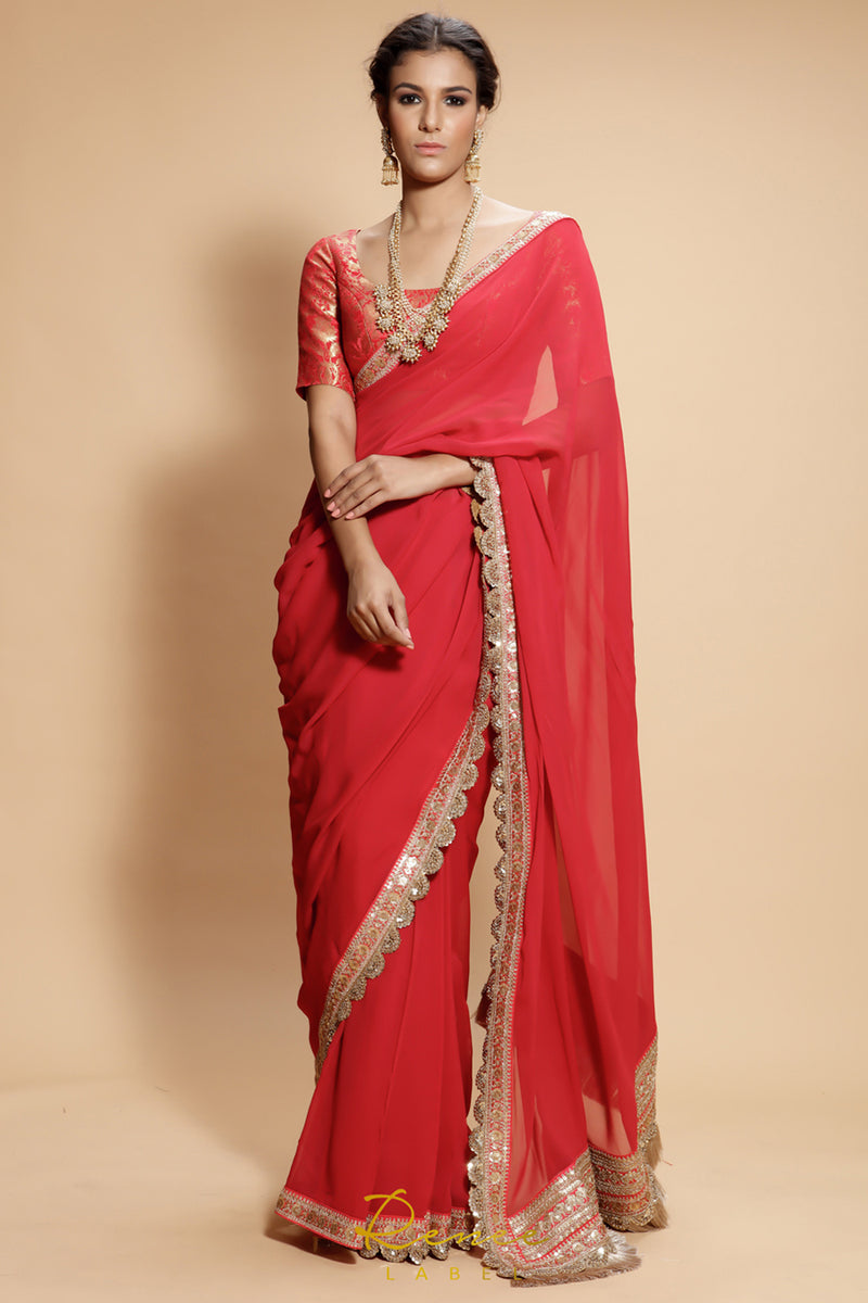 Crimson Red And Gold Saree Set