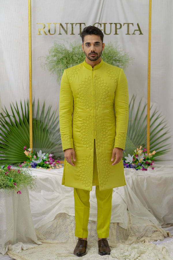 Yuvaan Fresh Greenquilted And Embroidered Sherwani Set