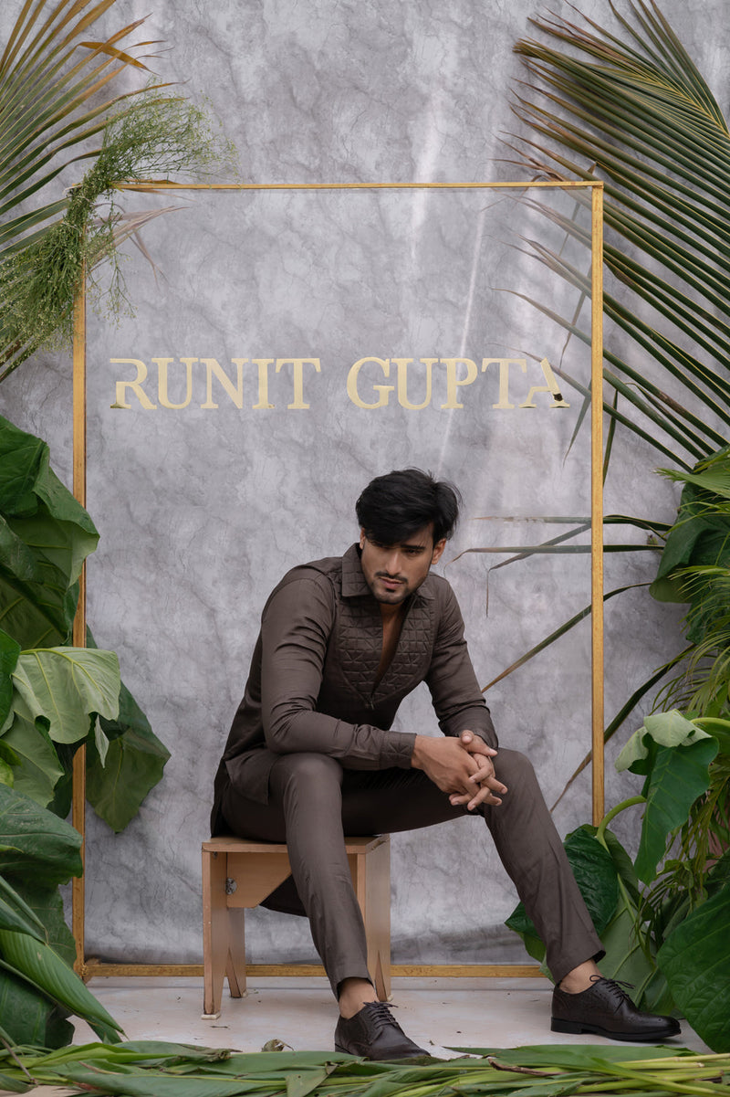 Brown Grey Quilted Kurta Sets