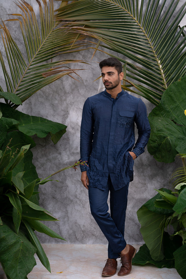 Deep Blue Crushed & Embroidered Shirt Kurta Sets