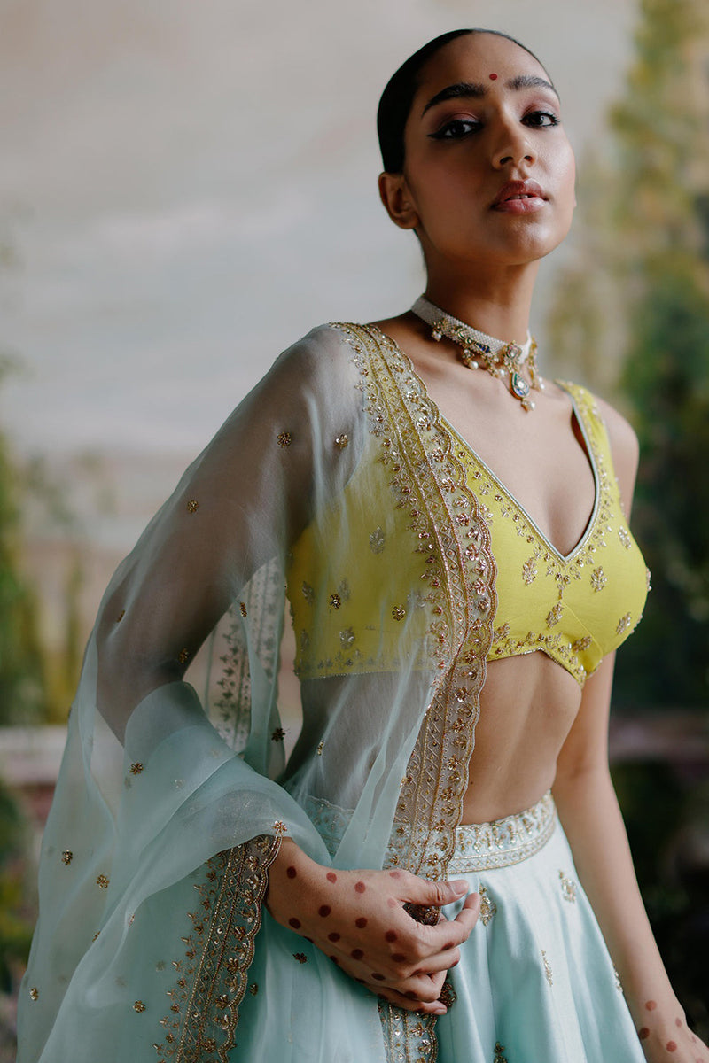 Aqua Yellow Lehenga Set