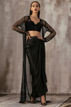 Black Drape Dhoti Skirt & Jacket Set