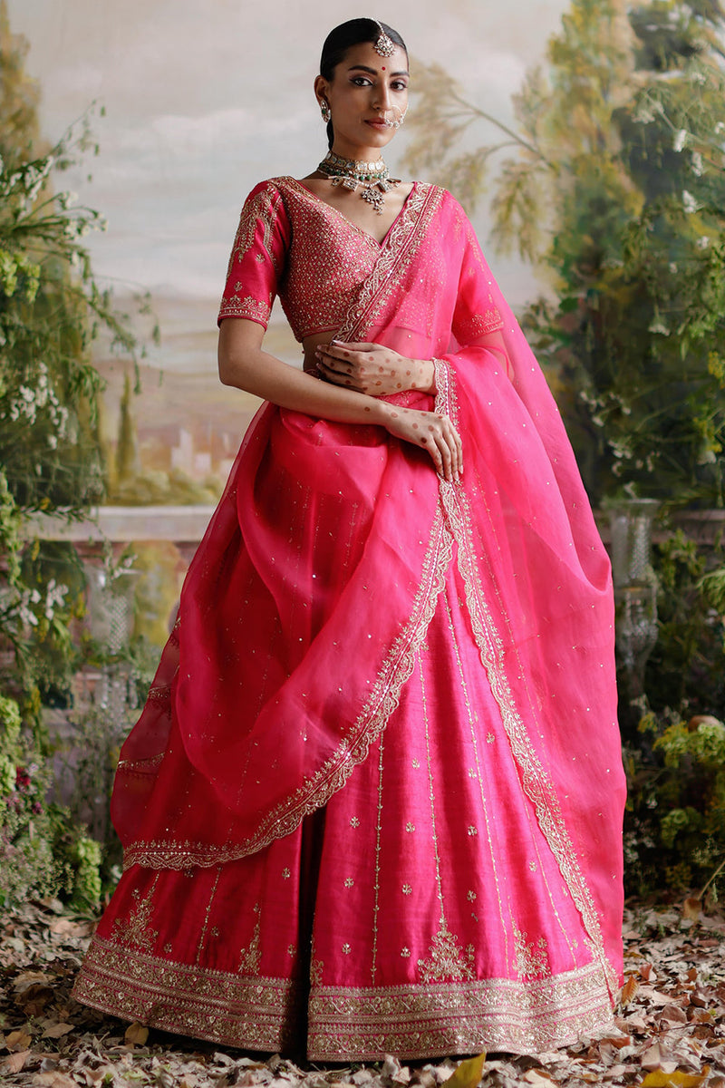 Hot Pink Raw Silk Lehenga Set