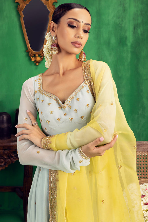 Aqua-Yellow Anarkali Set