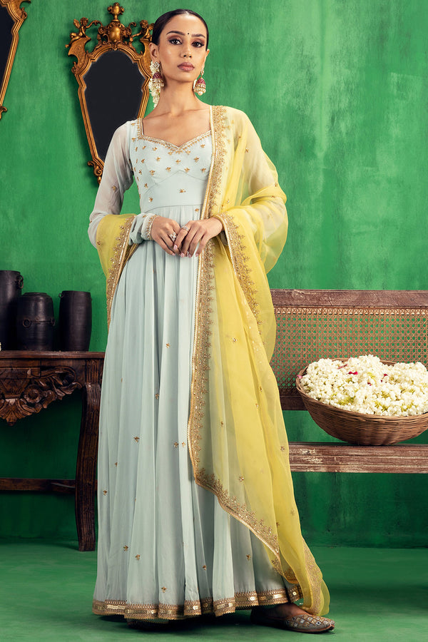 Aqua-Yellow Anarkali Set