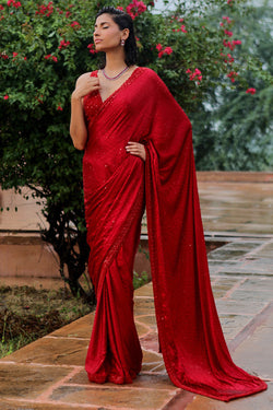 Maroon Satin Saree Set