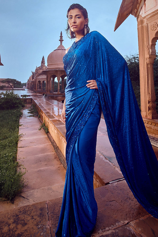 Royal Blue Satin Saree Set
