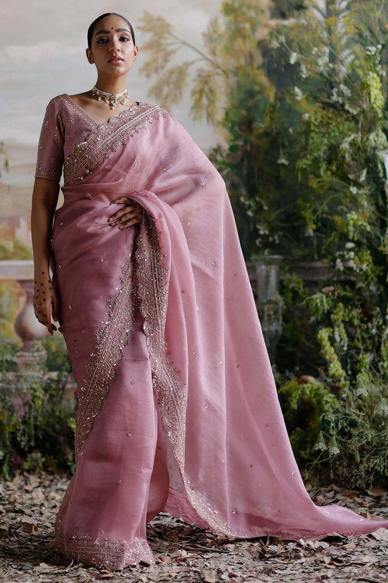 Blush pink georgette saree – Estie Couture