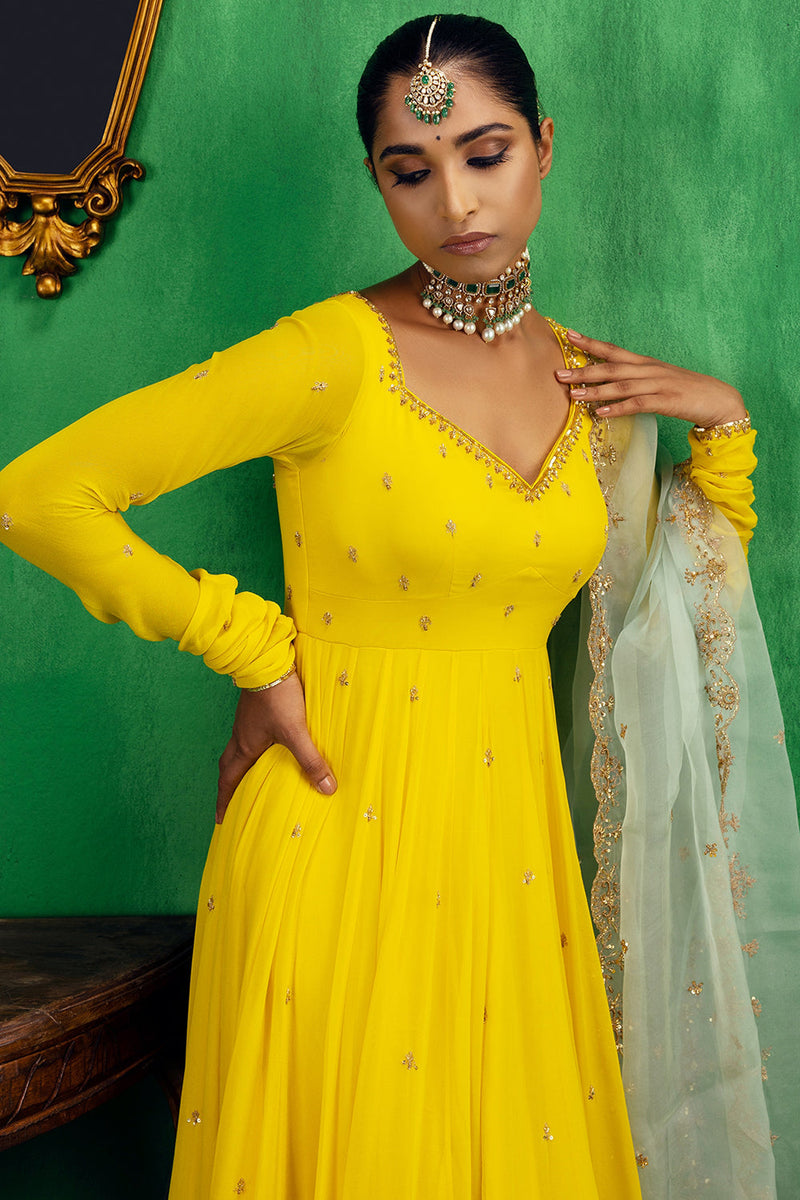 Yellow-Aqua Anarkali Set