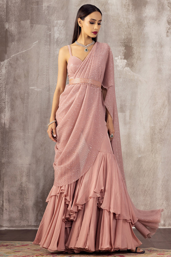 Baby Pink Draped Saree Sharara Set