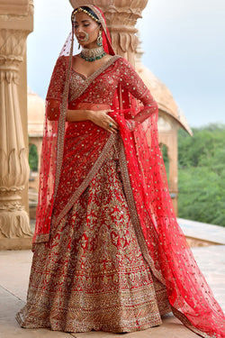 Red Raw Bridal Lehenga Set