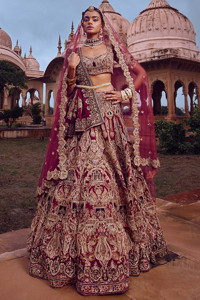 Wine Bridal Lehenga Set