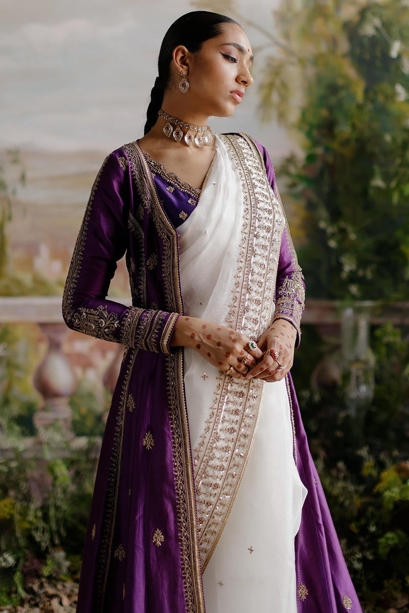 Off White Saree With Purple Jacket Set