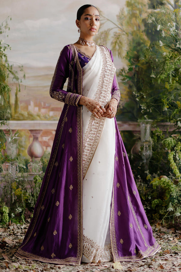 Off White Saree With Purple Jacket Set