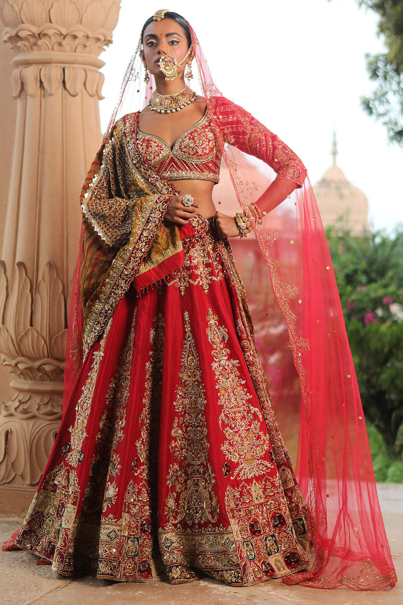 Red Dupion Bridal Lehenga Set