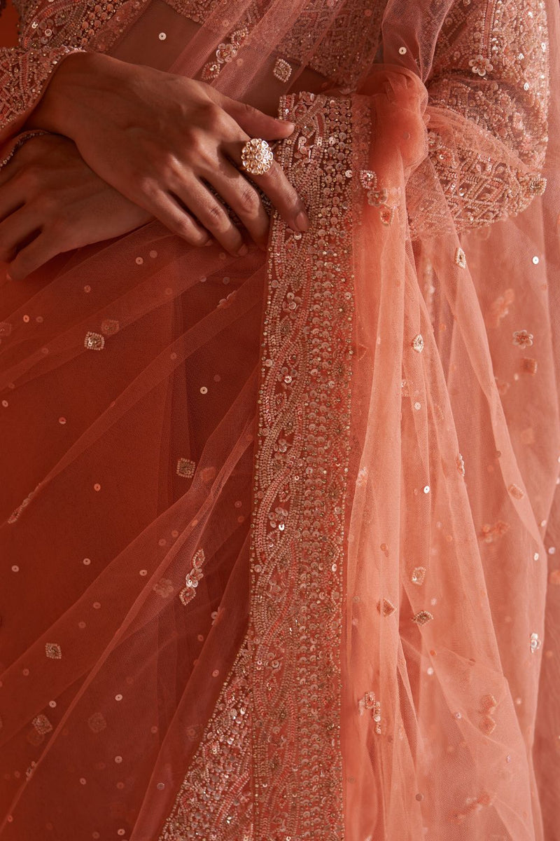 Pastel Orange Net Saree