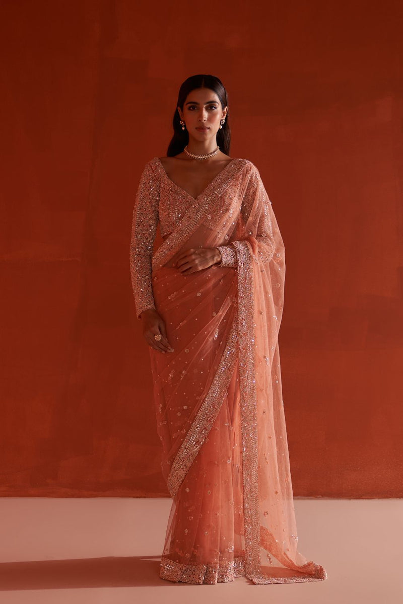 Pastel Orange Net Saree