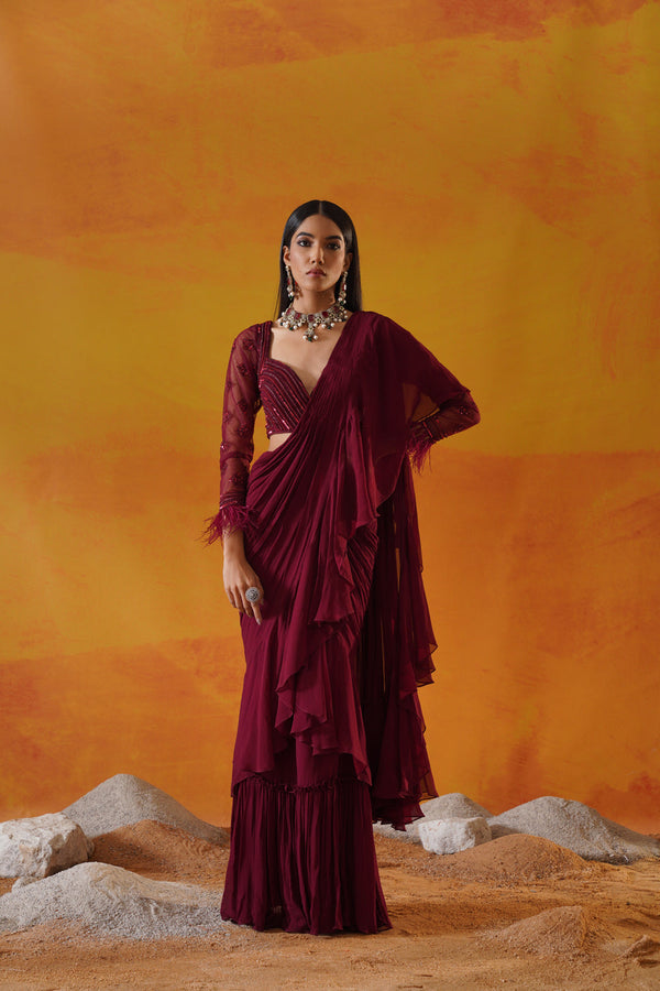 Maroon Georgette Saree Set