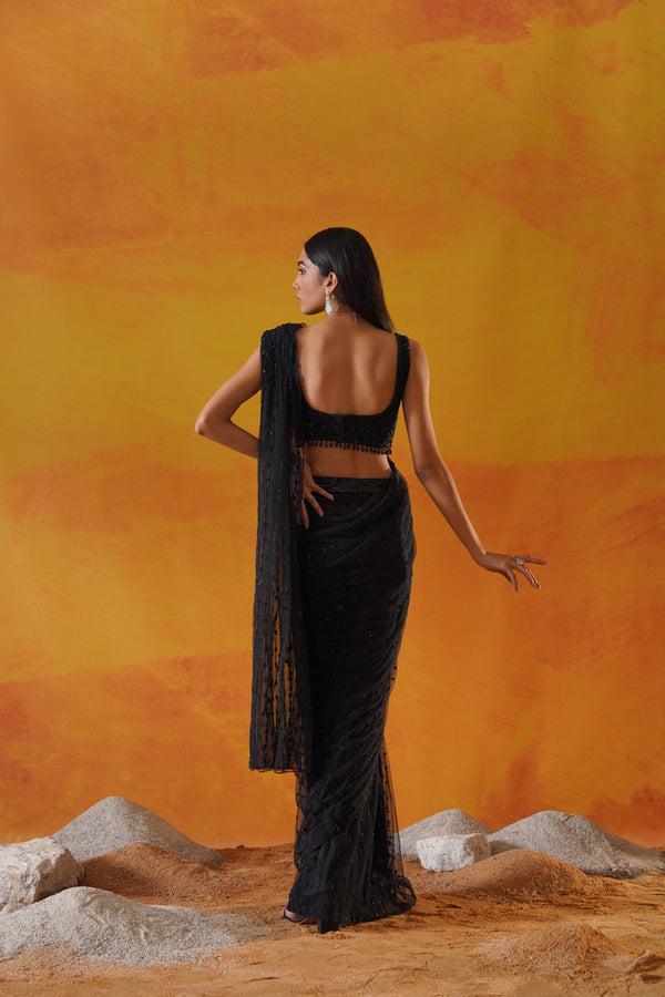 Black Drape Saree Set