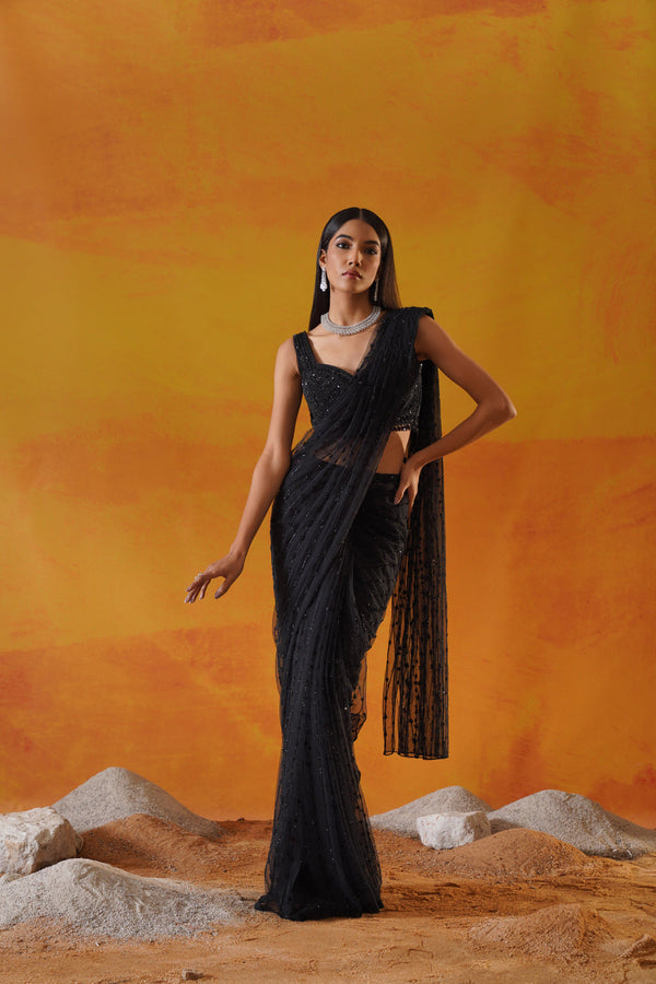 Black Drape Saree Set