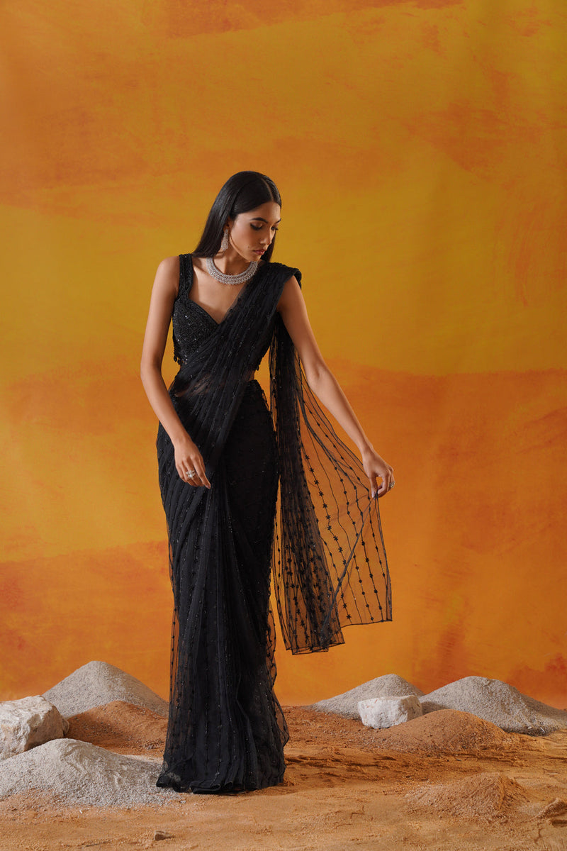 Black Drape Saree Set