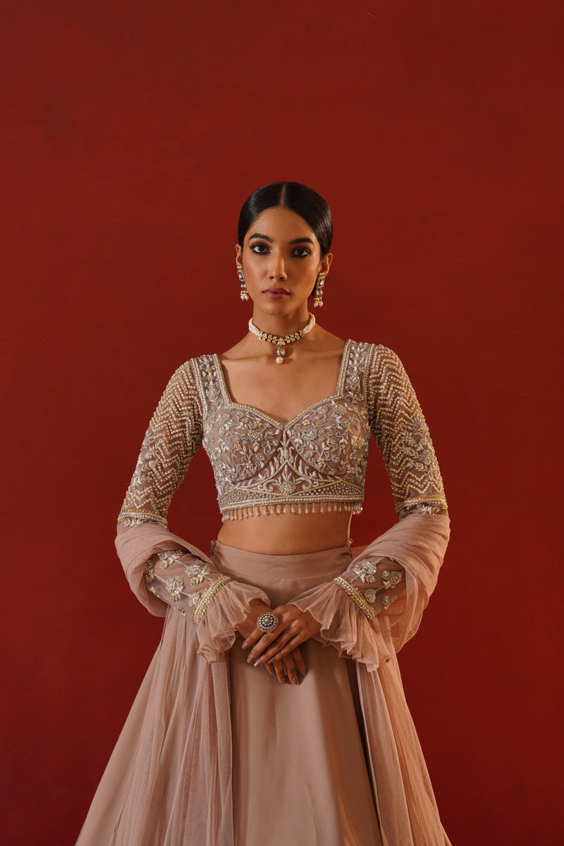 Beige Satin Lehenga Choli Set