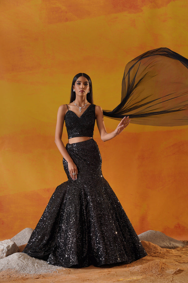 Black Sequins Net Lehenga Choli Set