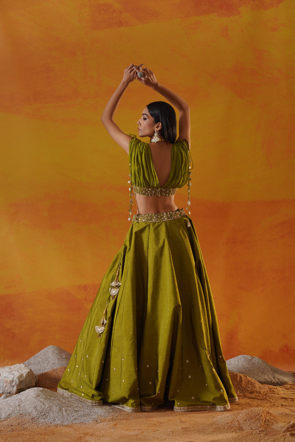 Green Dupion Silk Lehenga Choli Set