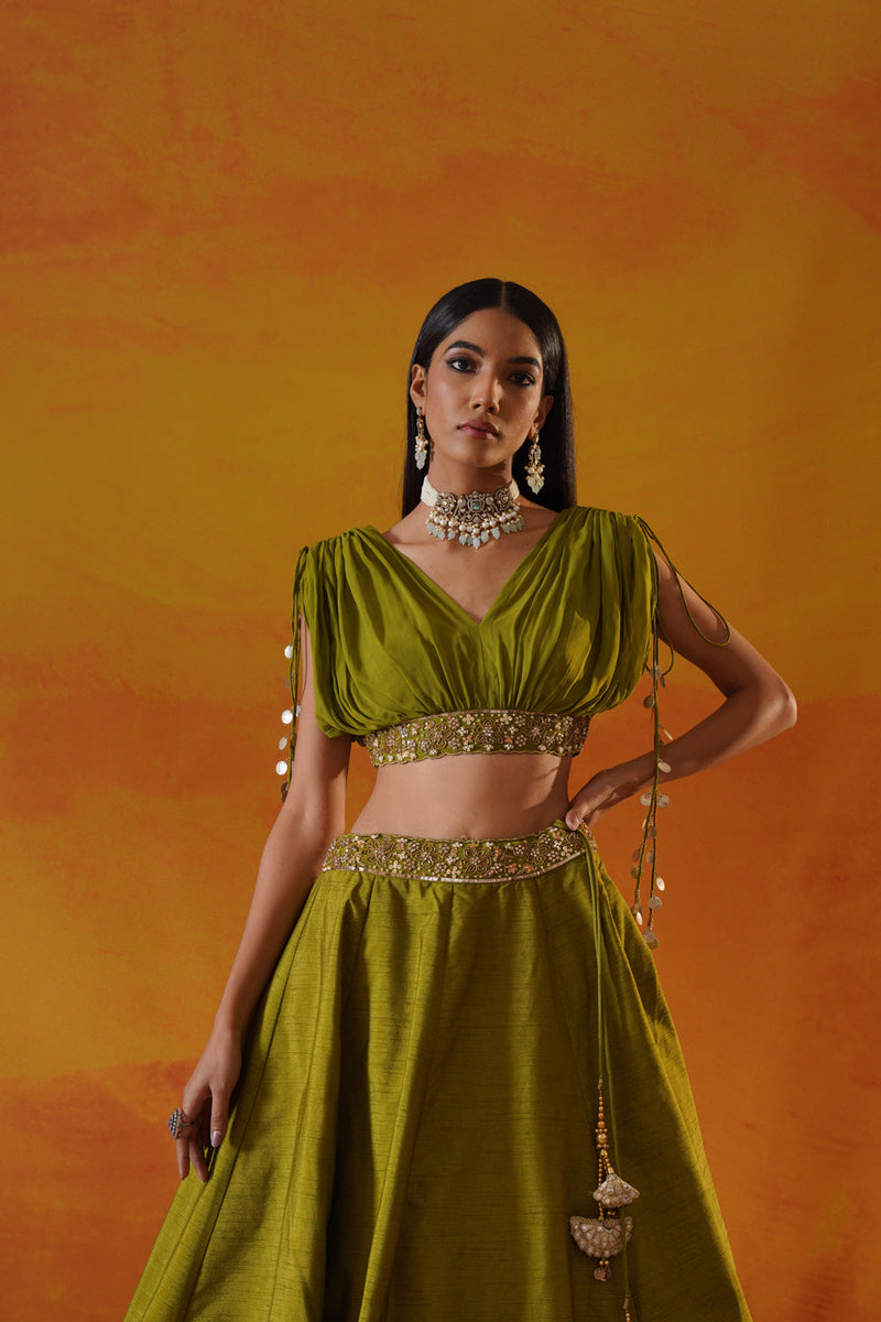 Green Dupion Silk Lehenga Choli Set