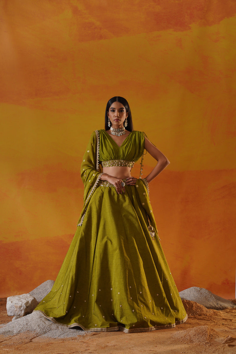 Green Dupion Silk Lehenga Choli Set