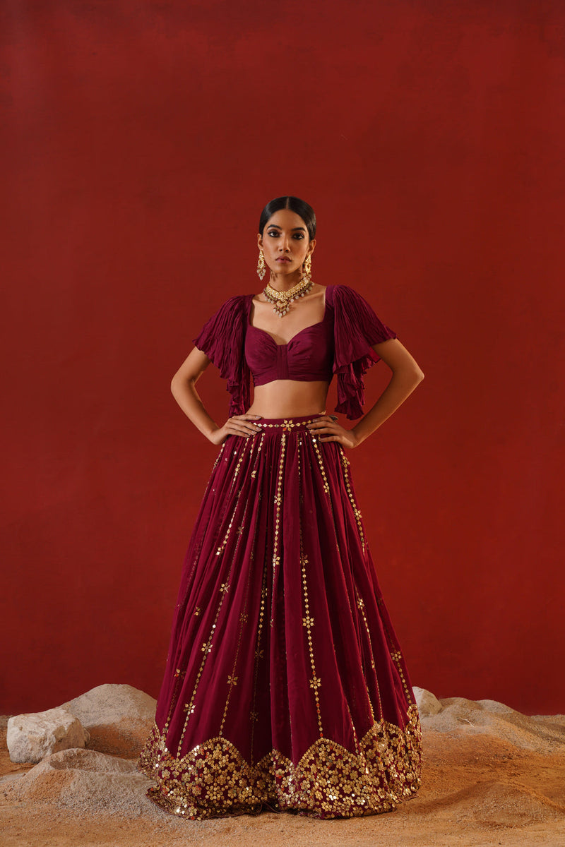 Burgundy Geogratte  Lehenga
 Choli Set