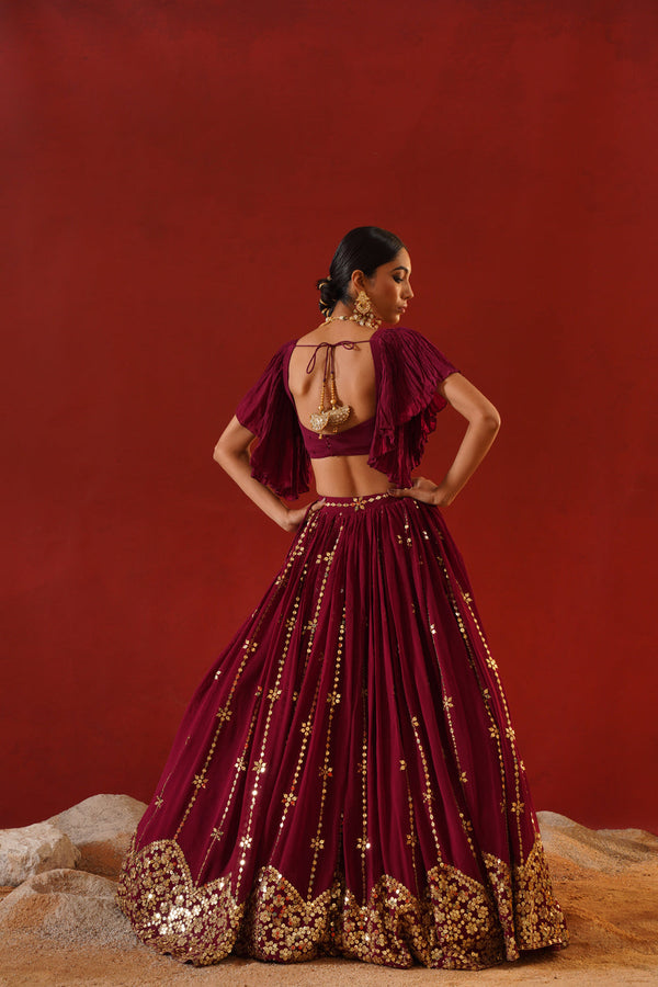 Burgundy Geogratte  Lehenga
 Choli Set