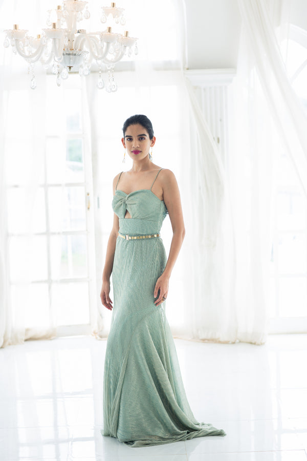 Aqua blue belted strappy gown